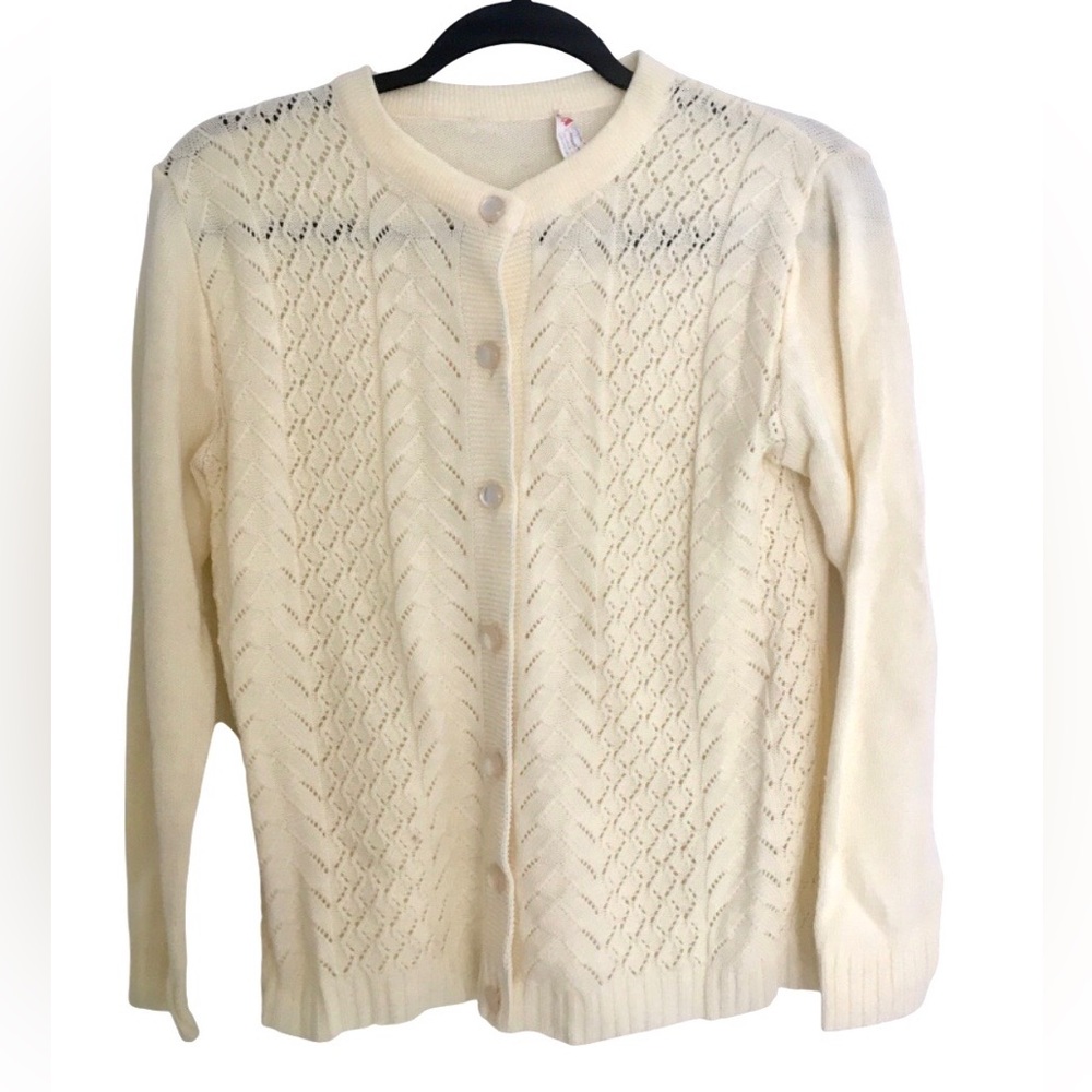 Vintage Womens Button Up Cardigan Sweater 70s Pointelle Lightweight